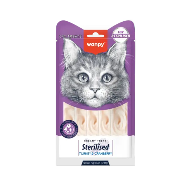 Wanpy Cat Sterilised Creamy Lickable Turkey & Cranberry 70 g | Flydende snack til steriliserede katte