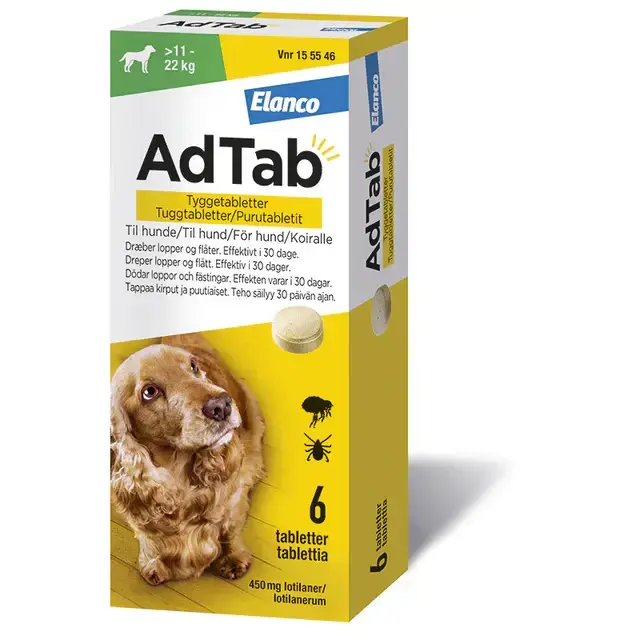 AdTab tyggetabletter til hund 6 stk | Månedlig beskyttelse mod lopper og flåter