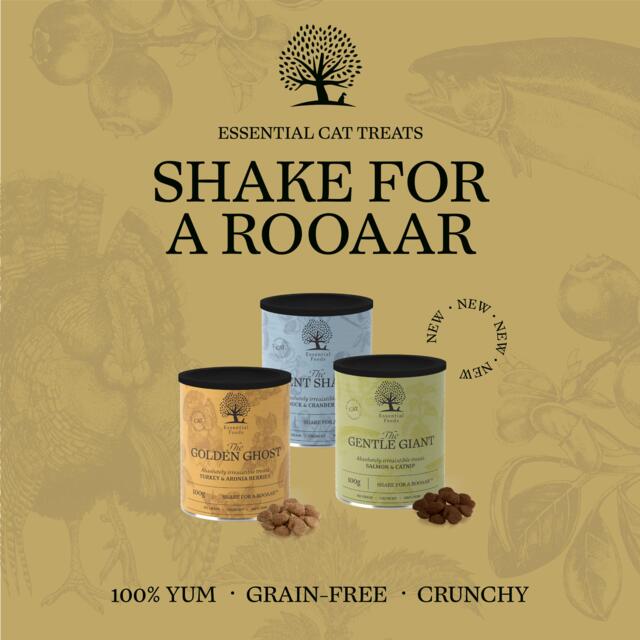Essential The Shake For A Rooaar Box – Kornfri godbidsæske med 3 smagsvarianter til katte