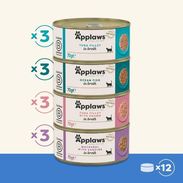 Applaws Cat Tin Fish Selection in Broth 12 × 70 g | Naturligt vådfoder til kat 12x70g